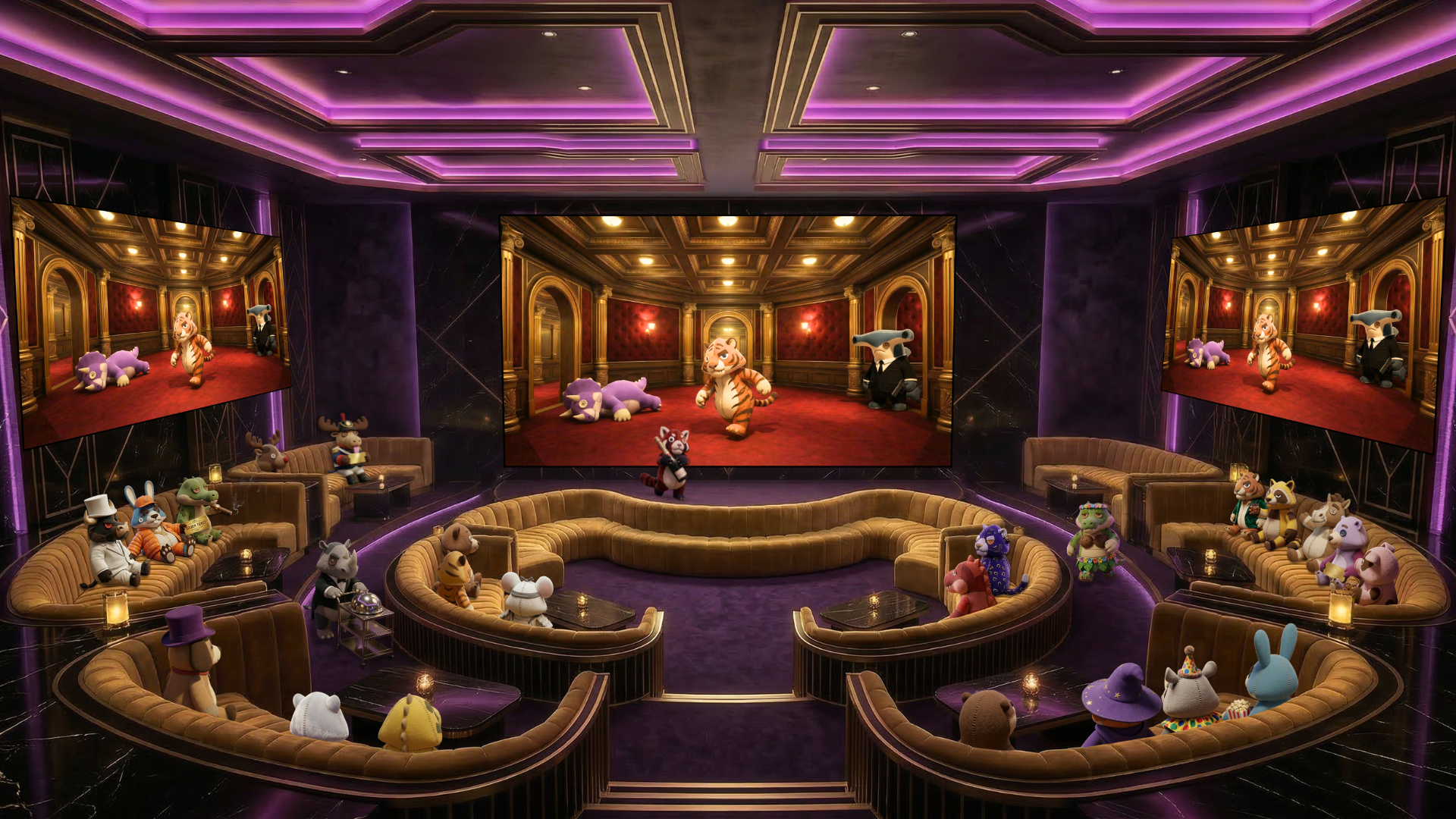 Plush animal characters watch a match unfold on a giant screen inside a lavish betting parlor.