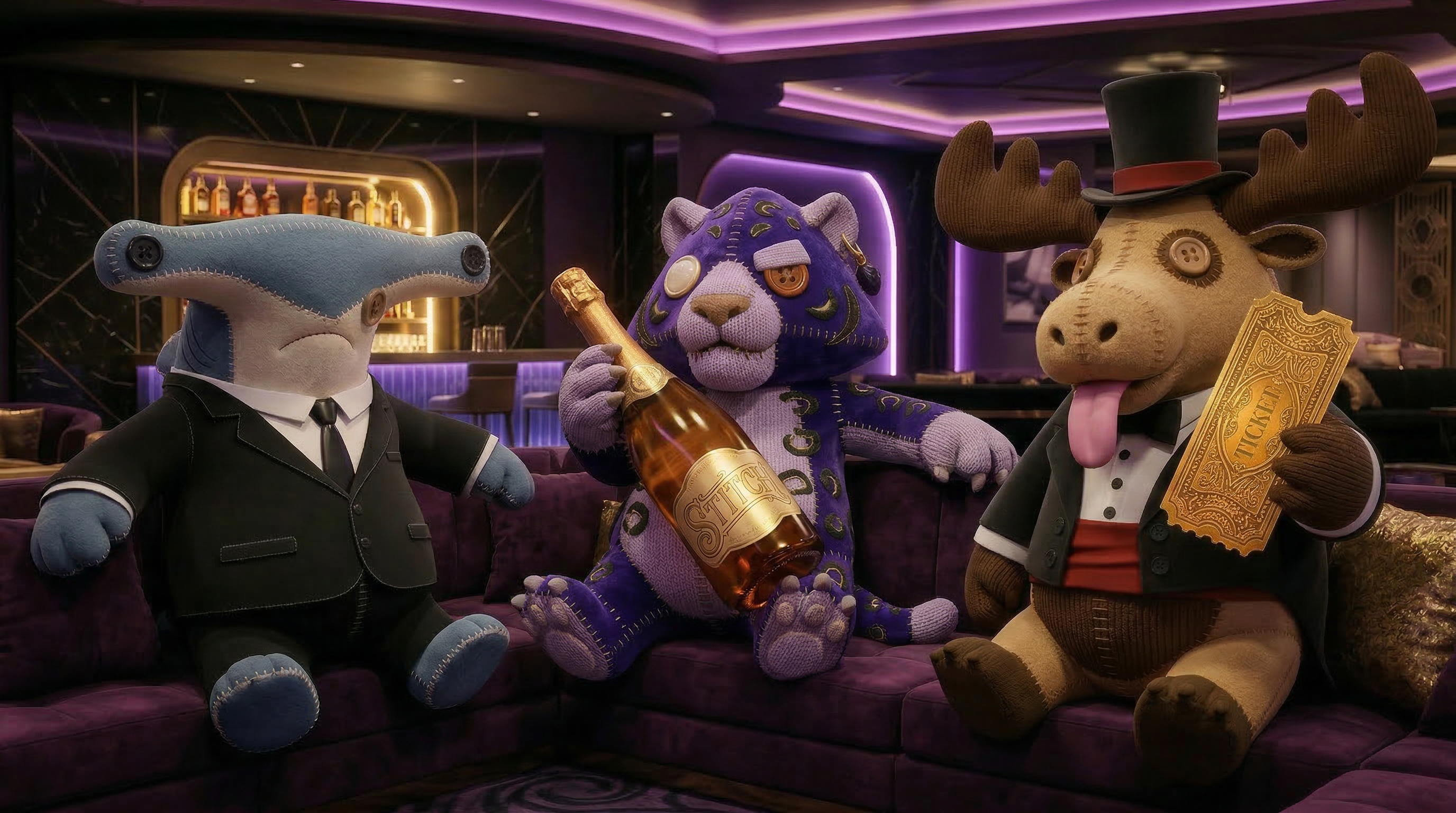 Three STITCH characters — a shark in a suit, a purple leopard, and a moose in a top hat — relax in a velvet VIP lounge.